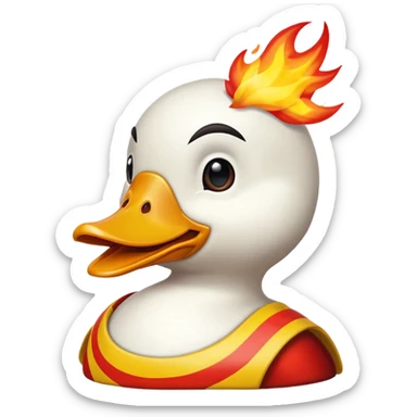 A flaming duck head red as the colour and yellow beak with flames coming off the back and a finish line flag behind the head sticker