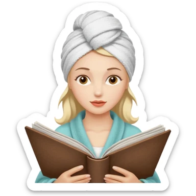 mujer en la peluquería con toalla en la cabeza y leyendo una revista, estilo vintage sticker