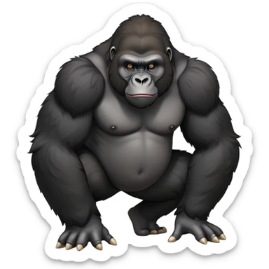 cinematic-friendly relaxed gorilla-realistic-full-body-crouched on all fours-emoji,-poised-with-confidence,-massive-arms-hanging-slightly-forward,-head-tilted-thoughtfully,-thick-black-fur,-deep-dark-eyes-full-of-intelligence,-simplified-yet-realistic sticker