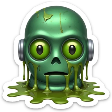 make a tired old melting robot emoji, covered in green sludge, 2d, make the eyes melting and gross sticker