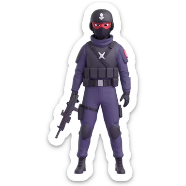 armed figure in all-black military clothing, shiesty mask, and helmet, standing in a ready pose sticker