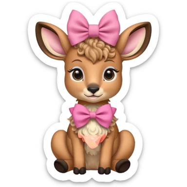 cute gazzelle with curly fur, sitting down, wearing a pink bow on its head. Realistically  sticker