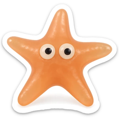 Make the starfish a natural color (e.g., orange or pink), more transparent and see-through, retro 90's toy style, derpy eyes, no tag, no background, soft plastic, soft reflections, soft and squishy, some cloudiness, not shiny, highly detailed, appealing. sticker