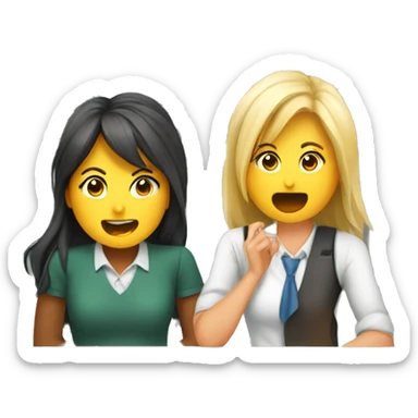 2 students sitting at desks and chatting. Teacher is yelling sticker