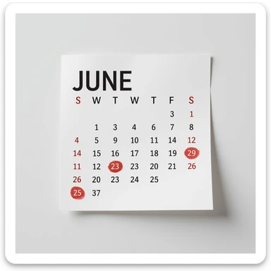 hyperrealistic calendar, 4K, no background, with days from June 1 to June 7 circled in red, no border, no shadow, just the sheet sticker