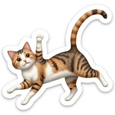 brown tabby and white cat with doing a big extremely long stretch reaching up into the air with arms and legs side by side together straight and overextended whilst lying on its side sticker