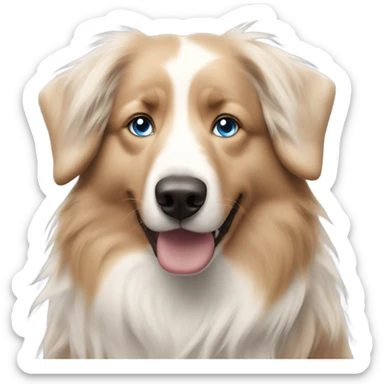 woman with blue eyes and long straight blonde hair is holding a very fluffy australian shepherd  sticker