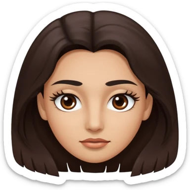 Rostro de forma ovalada con facciones delicadas. Ojos grandes y expresivos de color café oscuro, con pestañas largas y definidas. Cejas oscuras, pobladas y bien formadas color de piel trigeña y cabello largo sticker