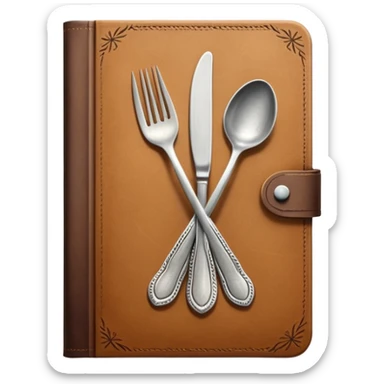 Closed cookbook with a fork and spoon symbol on the cover – collection of recipes sticker