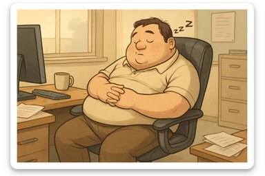 a fat man sleeping in an office chair, realistic cartoon style sticker