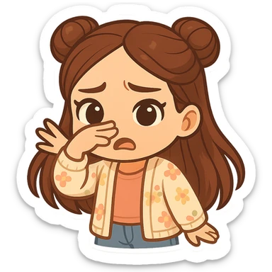 Create a chibi sticker of the girl from the reference image, waving her hand in front of her nose as if something smells bad. She has brown straight hair styled in double buns, brown eyes, wearing a pastel floral cardigan and jeans. The sticker should have a white outline and a transparent background, sized 512x512px. sticker