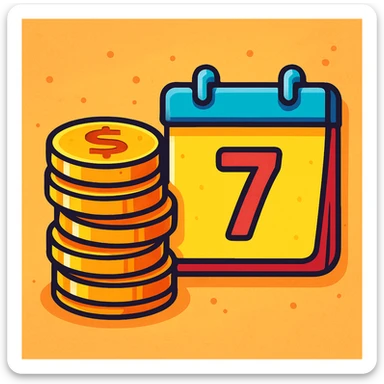 stack of coins with a calendar page showing '7', representing a weekly coin bonus, colorful cartoon style sticker