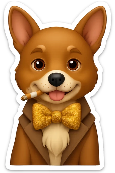 Add a glittery bow tie to the dog while keeping the cigarette. Style should resemble Apple style emojis with transparent background. Keep the background transparent. sticker