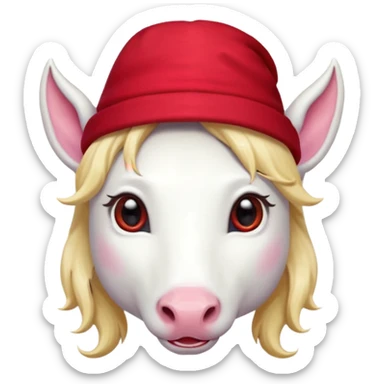 unicorn face cute wearing cute red hat, horn piercing through the hat looking in the camera, blond hair and spectacled sticker