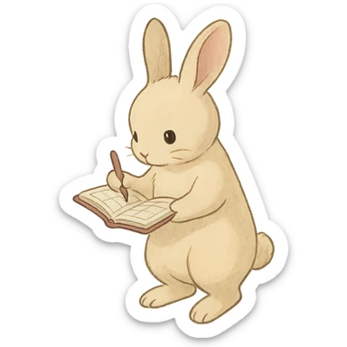 cream bunny writing in planner, standing, soft Ghibli style sticker