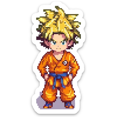 Goku, spiky hair, orange gi, pixel art style sticker