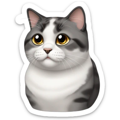 senior fat diluted calico cat, white chin, black nose, grey ears, grey and white sticker