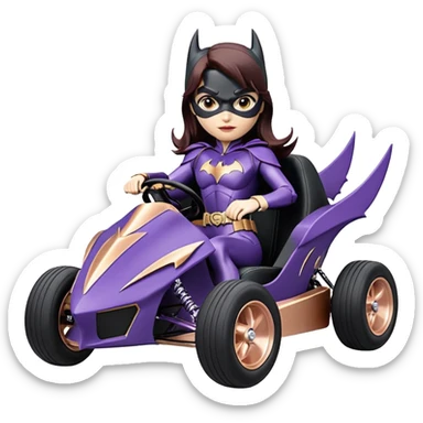 Hot full size real size-appearance electric road racing sexy BatGirl’s feminine midnight-colored tight outfit sixty’s tv show inspired dark stealthy sporty safe plush deluxe off-road pursuit cruiser car rose gold accents (black hair,reclined and relaxed torso and shoulders seating position) go kart  sticker