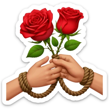 Brown hands tied together with a rope holding a rose sticker