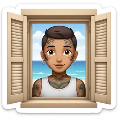 person with face tattoo looking out, and opens window shutters happy sticker