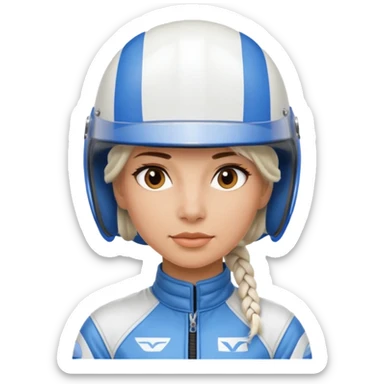 woman with white braided hair in blue racer helmet sticker