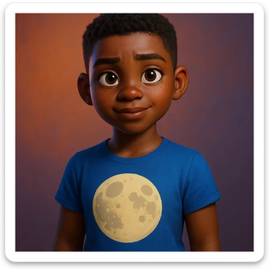 Pixar animation style dark-skinned girl with short masculine hair, wearing a t-shirt with a moon design sticker