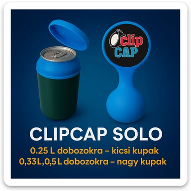 A kupakokat színezd át kékre. A CLIPCAP DUO felírat helyett CLIPCAP SOLO felírat legyen, a "kicsi és nagy kupak a csomagban" szöveg helyett "0.25L dobozokra - kicsi kupak" és a "0.33L,0.5L dobozokra - nagy kupak" külön sorban. sticker