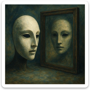 a mysterious mask and its reflection in a mirror, surreal style, dreamlike, imaginative, detailed sticker