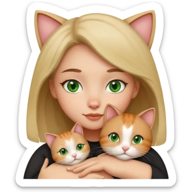 A girl with a square with a mole on her right cheek and square-green eyes hugs a cat sticker