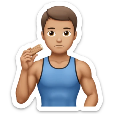 A male athlete holding a protein bar and frowning sticker
