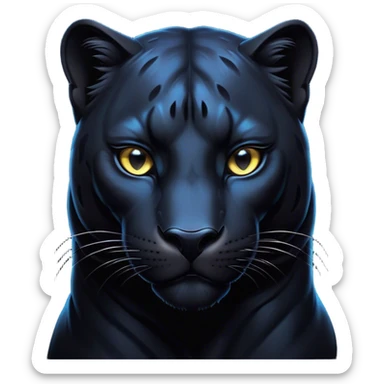 Cinematic Noble Panther Portrait Emoji, Poised and regal, with a sleek, muscular build draped in glossy, midnight-black fur and piercing, luminescent eyes, Simplified yet sharp and sophisticated features, highly detailed, glowing with a soft, mysterious glow, high shine, intelligent and enigmatic, stylized with an air of stealthy authority, focused and commanding, soft glowing outline, capturing the essence of a watchful and confident jungle guardian that appears ready to prowl out of the screen with effortless authority! sticker