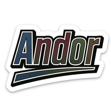 Text image of the name 'Andor' in a masculine, modern font with gradient colors including blue, gray, burgundy, green, and brown. The text has precise Hungarian characters, a dark contour, extra thick and prominent white letter border, dynamic slanted underline. Image size 1000x1000 px, PNG format, transparent background. sticker