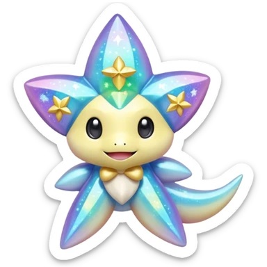 Elemental pastel-iridescent shimmering lucky charming starry smiling cute Jirachi-Dragalge-Pokémon-Fakémon-hybrid-creature sticker