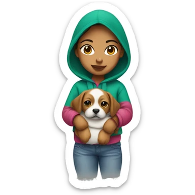 a mexican girl with a hoodie on holding a puppy sticker