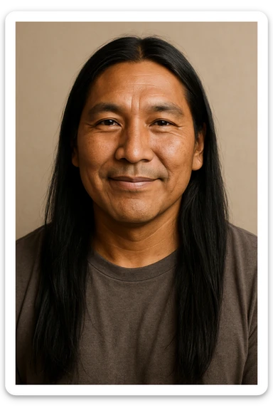 Native Indigenous man with long black hair and brown skin, gentle smile, wearing a simple shirt, minimal background sticker