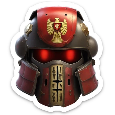 Space Marine Warhammer 40K helmet with red lenses, featuring the Russian coat of arms. sticker
