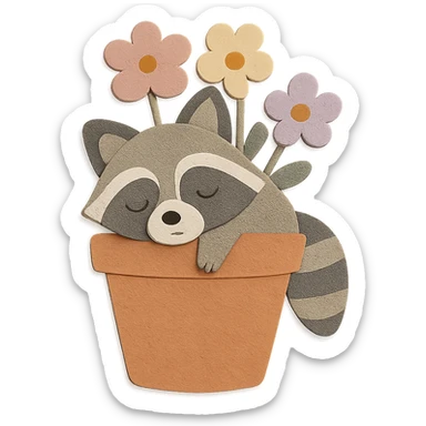 a sleepy raccoon inside a flower pot with a few flowers inside the pot, pastel earthy colors, paper craft style sticker