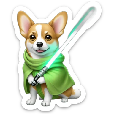 Corgi dress as yoda with one light saber green sticker