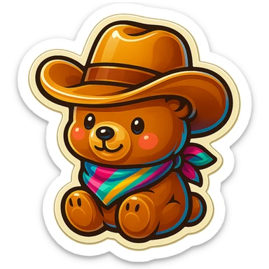 Add a colorful scarf to the playful bear character with a big hat, keep the fun and friendly retro stickers style, no background. sticker