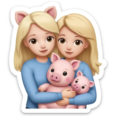 Girlfriends, one blonde and one brunette, hugging each other with a teddy bear and a little pig sticker