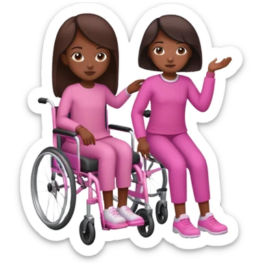 One dark brown sister pushing her brown sister in a pink wheelchair sticker