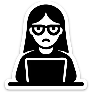 a girl with long hair, glasses, serious expression, working at a desk, minimal flat icon style sticker