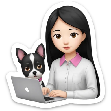 Blue back ground, Asian girl with long black hair , wearing a white shirt, working on an Apple laptop, next to her is a small black and white dog with pink collar on  sticker