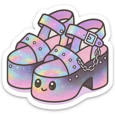 Add a holographic effect to the black-to-pastel pink gradient platform sandals with silver studs and chains, subtle glitter, kawaii style, no socks, no hearts, transparent background sticker