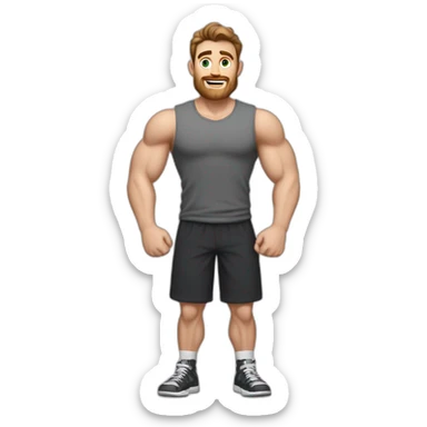 Full height Actively gesturing with hands Pale skinned Fit Man With the biceps and brown hair in dark gray Sleeveless Mike, black oversize sports shorts, watch and white Sneakers sticker