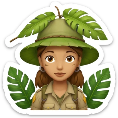 a young female explorer with jungle wearing a large leaf headgear bye and magnificer  sticker