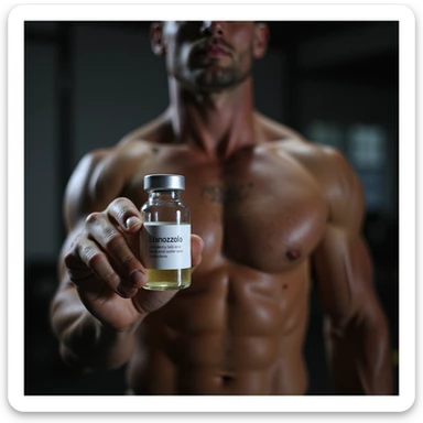 realistic photo of a serious crossfit athlete showing a vial labeled 'Stanozololo', defined muscles, intense light, gym background sticker