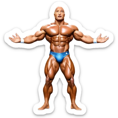 Dwayne Johnson, covered in oil, on stage at a Mr. Universe bodybuilding competition, striking a 'Side Triceps' pose. His defined muscles gleam under the bright lights, with the audience and judges in the background, capturing the intense focus and strength of the moment. Transparent background. sticker