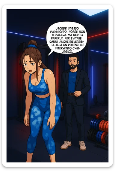 fai questa immagine in versione fumetto/manga/webtoon a colori, il manga mostra l'uomo che risponde alla donne:
Succede spesso purtroppo. 
Forse non ti piacerà ma devi saperlo, per evitare danni, anche irreversibili, alla colonna vertebrale e un potenziale intervento chirurgico. sticker