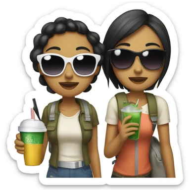 two girls going on a trip, both with black hair and olive skin, wearing sunglasses, carrying luggage and holding a drink on their hand sticker